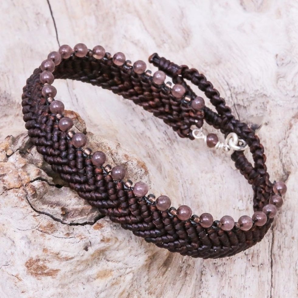 Brown Macrame Wristband Bracelet with Quartz 'Marquee in Dark Brown'