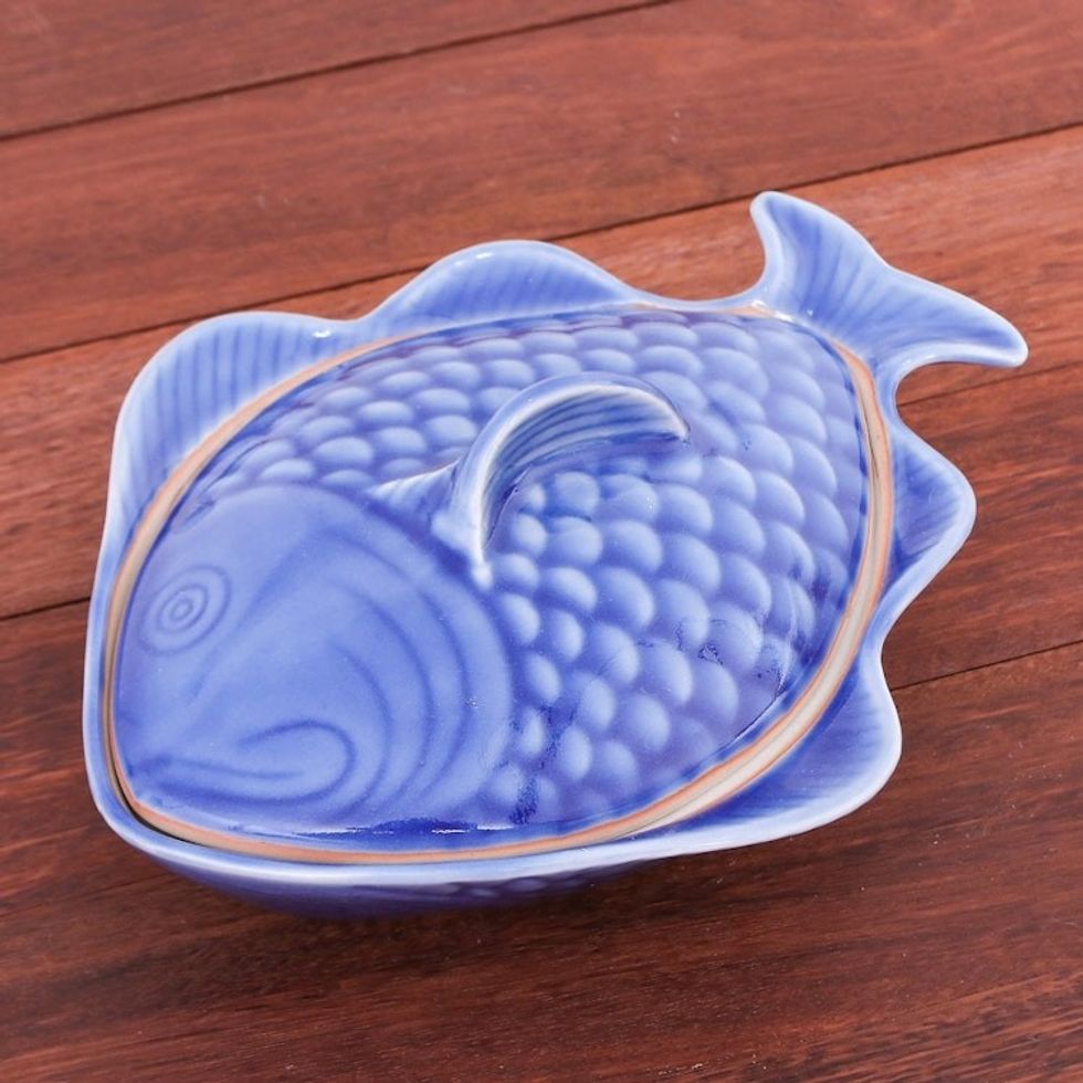 Food-Safe Celadon Ceramic Fish Shaped Bowl with Lid 'Fish Dish in Blue'