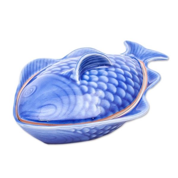 Alternate image for Food-Safe Celadon Ceramic Fish Shaped Bowl with Lid Fish Dish in Blue