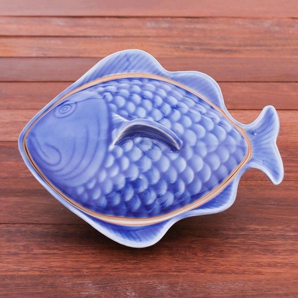 Alternate image for Food-Safe Celadon Ceramic Fish Shaped Bowl with Lid Fish Dish in Blue