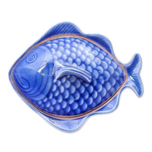 Alternate image for Food-Safe Celadon Ceramic Fish Shaped Bowl with Lid Fish Dish in Blue