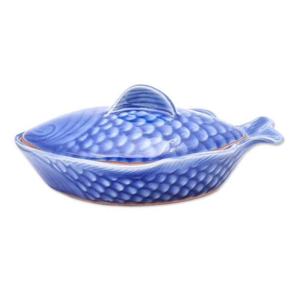 Alternate image for Food-Safe Celadon Ceramic Fish Shaped Bowl with Lid Fish Dish in Blue