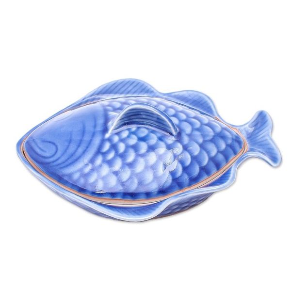 Alternate image for Food-Safe Celadon Ceramic Fish Shaped Bowl with Lid Fish Dish in Blue