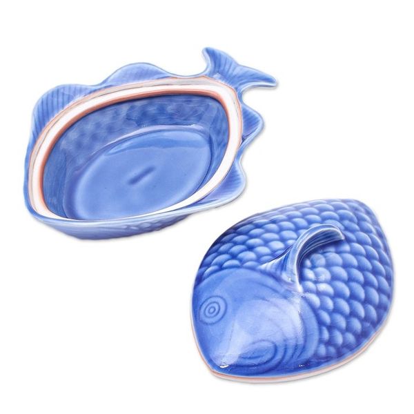 Alternate image for Food-Safe Celadon Ceramic Fish Shaped Bowl with Lid Fish Dish in Blue