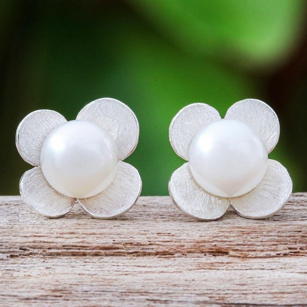 Cultured Pearl and Sterling Silver Floral-Motif Earrings 'Pearl Oasis'