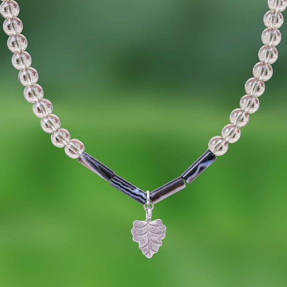 Agate and Smoky Quartz Leaf Pendant Necklace 'Clear Night'