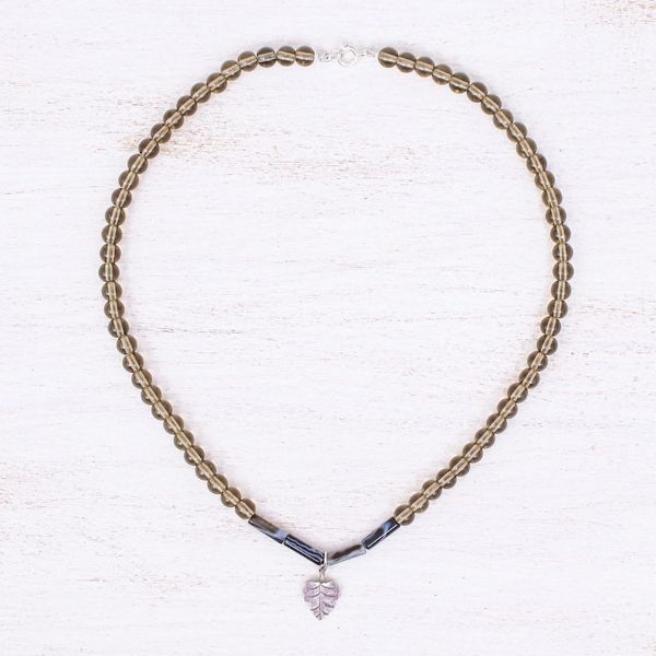 Alternate image for Agate and Smoky Quartz Leaf Pendant Necklace Clear Night