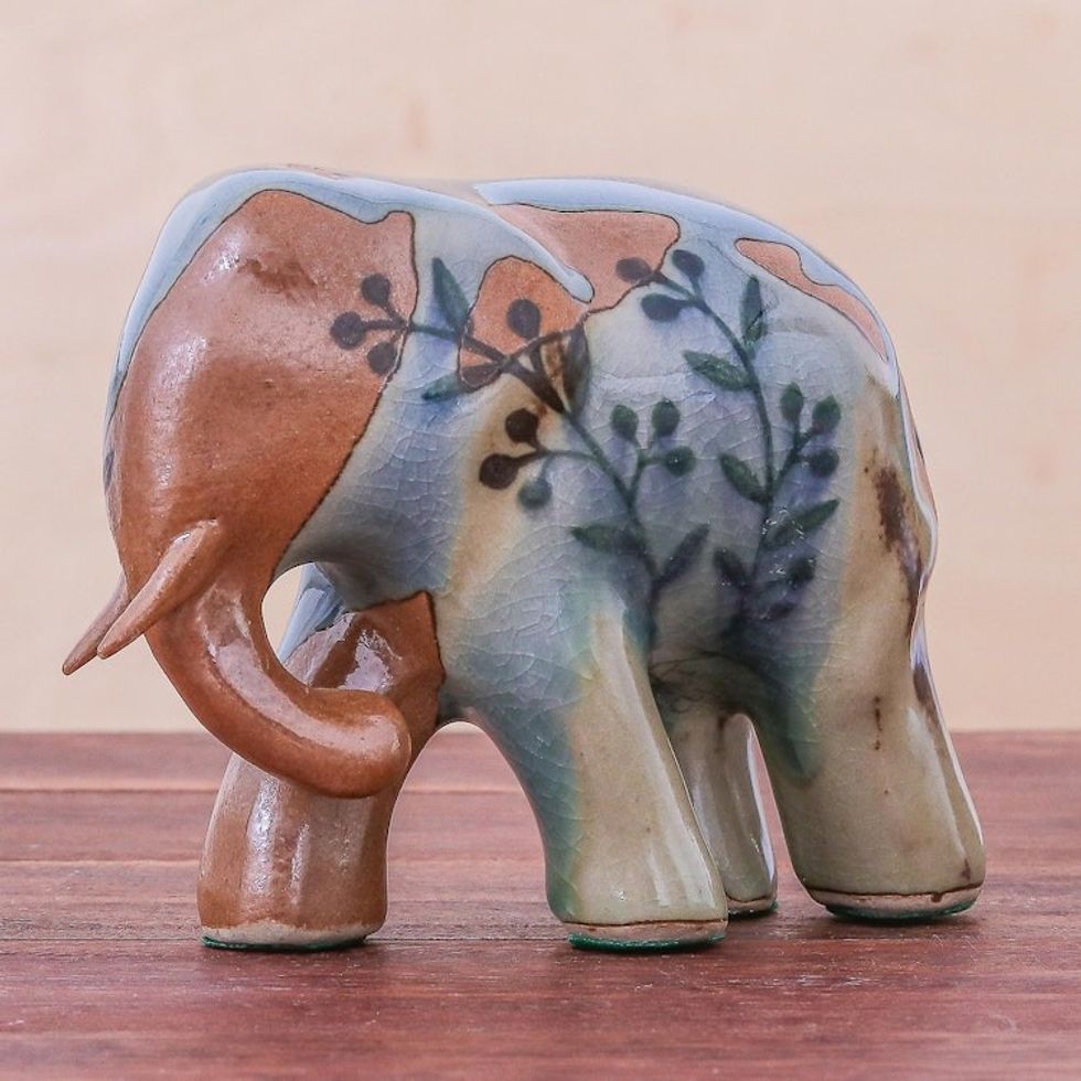 Hand Crafted Celadon Ceramic Elephant Sculpture 'Jungle Leaves'