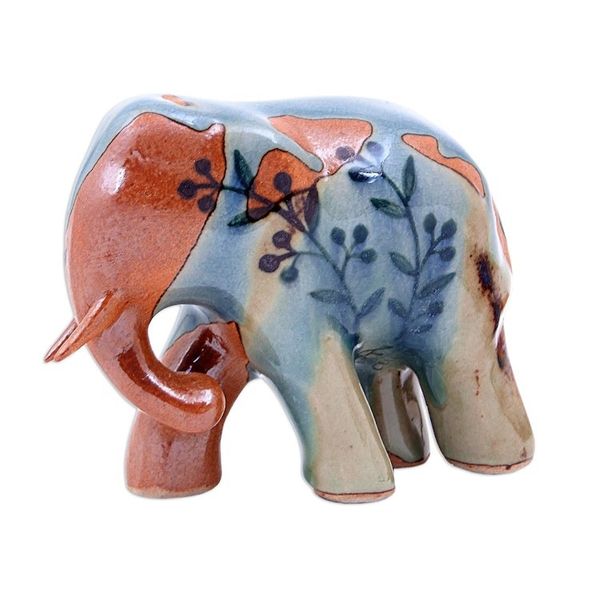 Alternate image for Hand Crafted Celadon Ceramic Elephant Sculpture Jungle Leaves