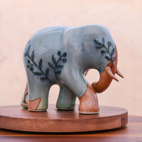Alternate image for Hand Crafted Celadon Ceramic Elephant Sculpture Jungle Leaves