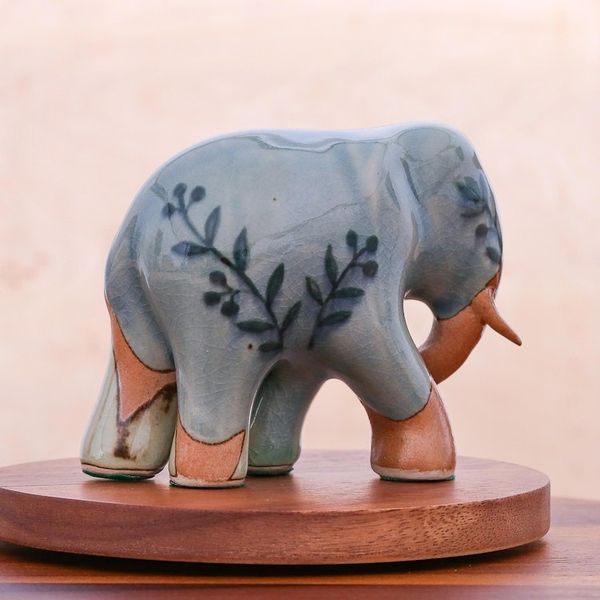 Alternate image for Hand Crafted Celadon Ceramic Elephant Sculpture Jungle Leaves