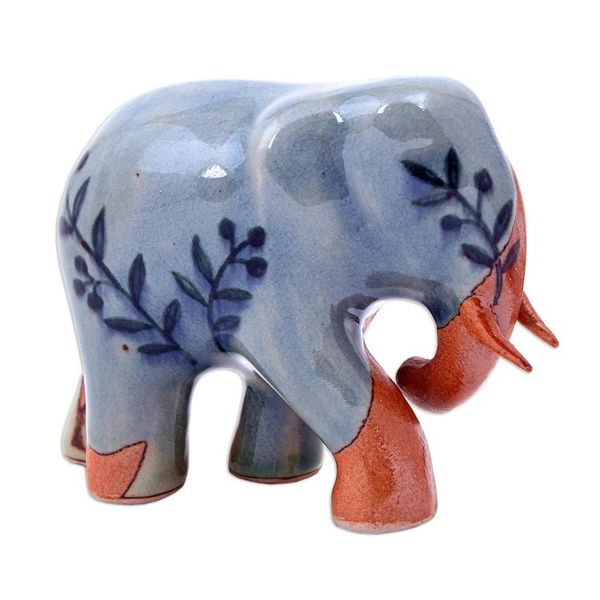 Alternate image for Hand Crafted Celadon Ceramic Elephant Sculpture Jungle Leaves
