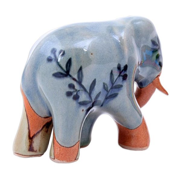Alternate image for Hand Crafted Celadon Ceramic Elephant Sculpture Jungle Leaves
