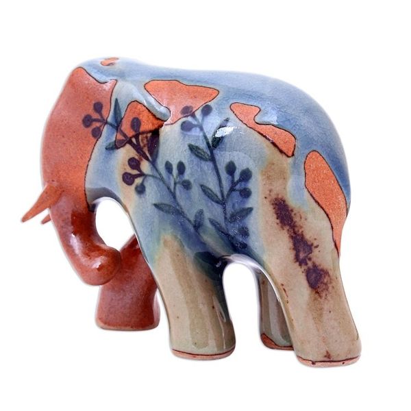 Alternate image for Hand Crafted Celadon Ceramic Elephant Sculpture Jungle Leaves