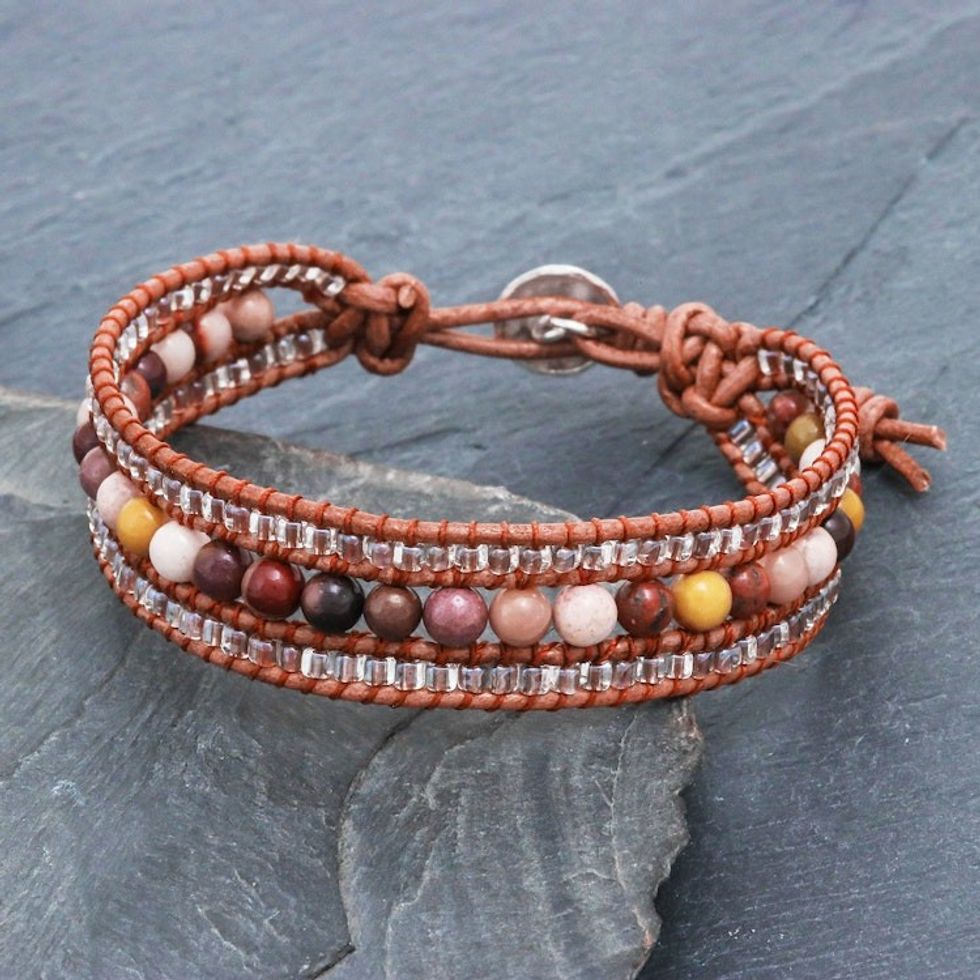 Handmade Leather Bracelet with Jasper and Glass Beads 'Sidetracked'