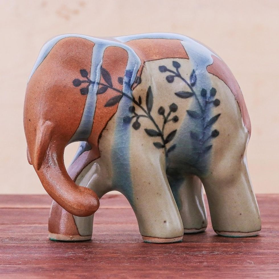 Hand Painted Celadon Ceramic Elephant Sculpture 'Walkabout'