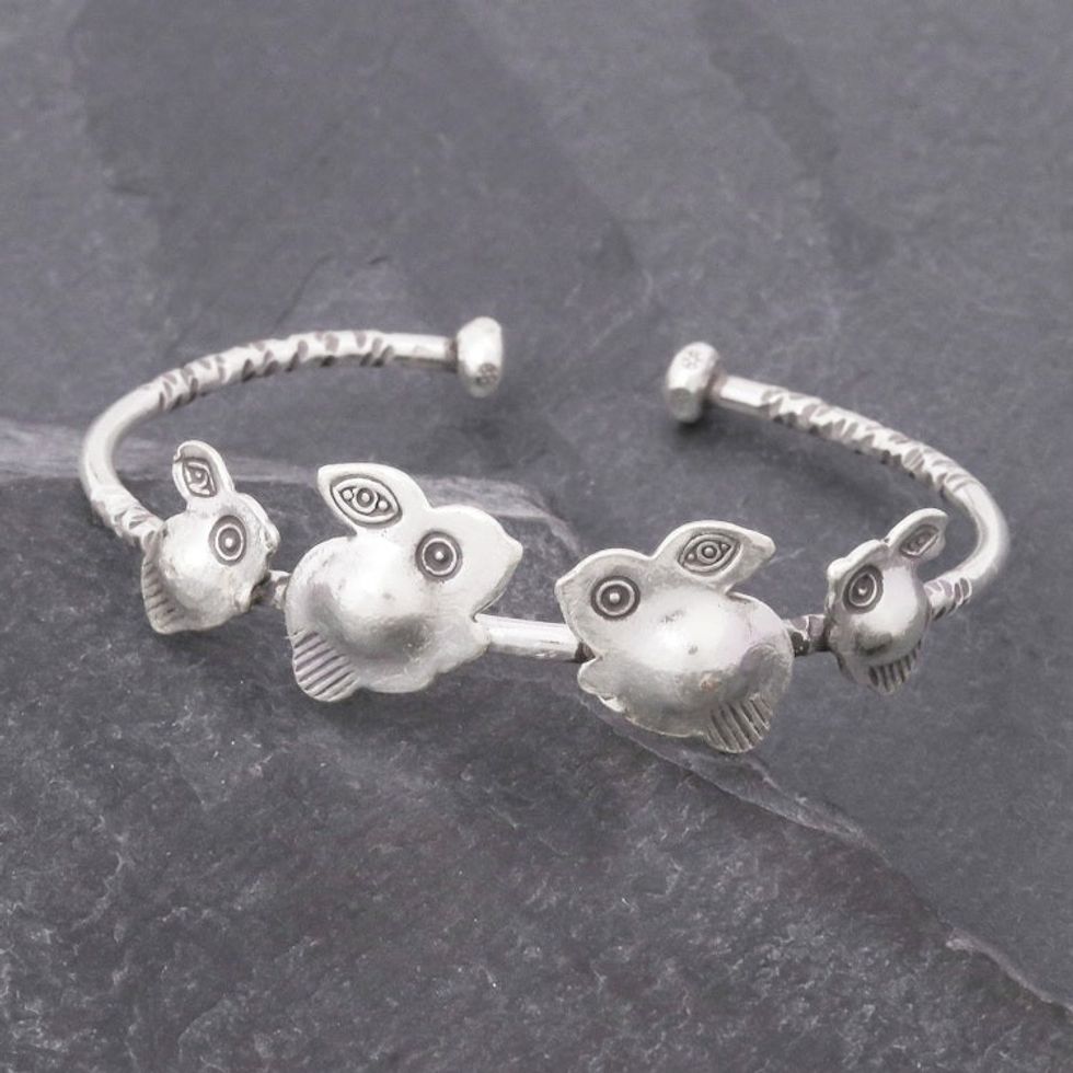 Rabbit Themed 950 Silver Cuff Bracelet 'Rabbit Family'