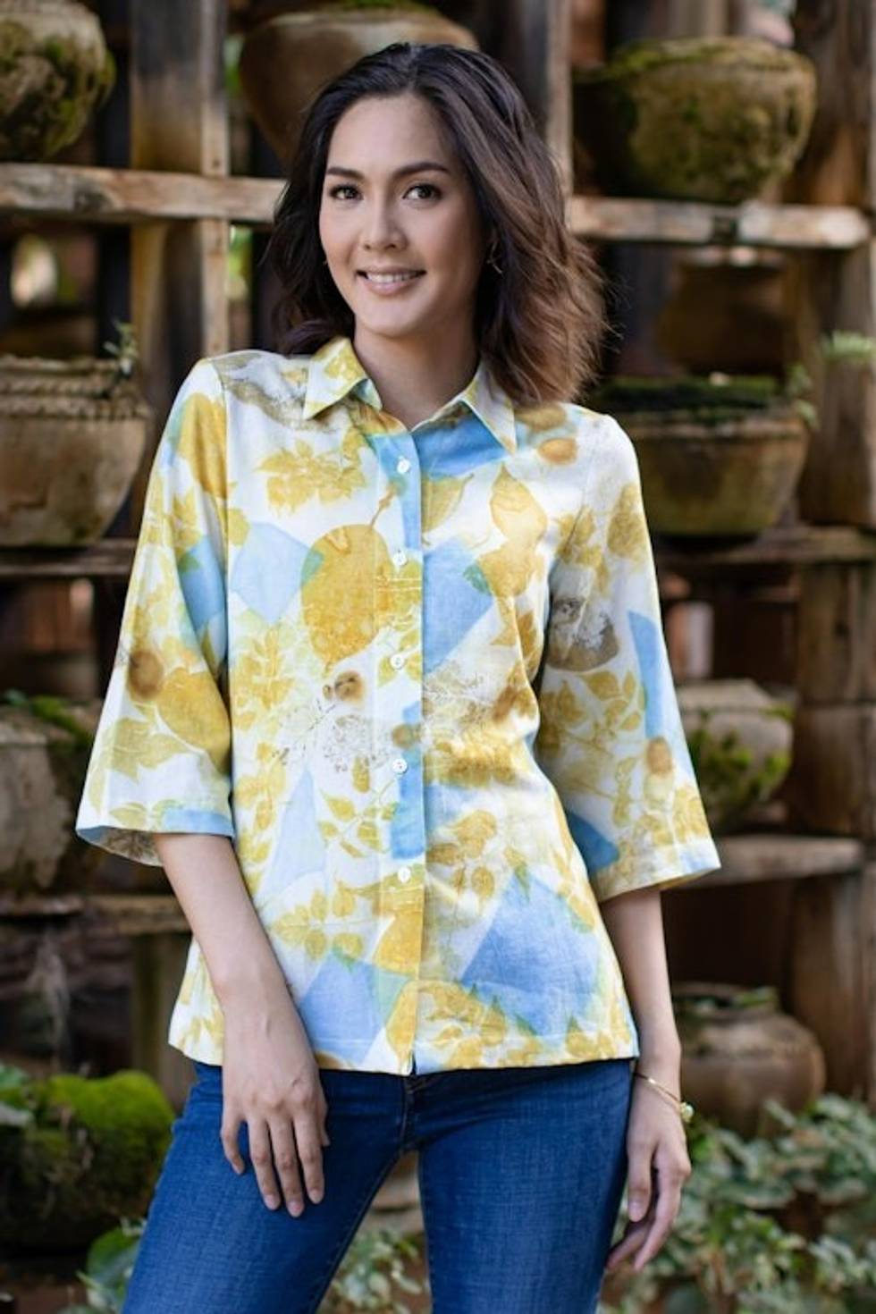 Eco-Friendly Cotton Botanical-Motif Shirt 'Amber Botanicals'