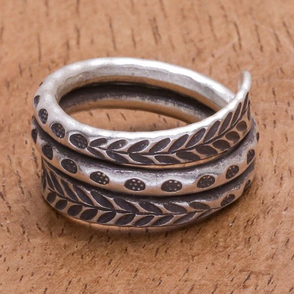 Alternate image for Hand Made Sterling Silver Leaf and Floral Band Ring Coiling Leaves