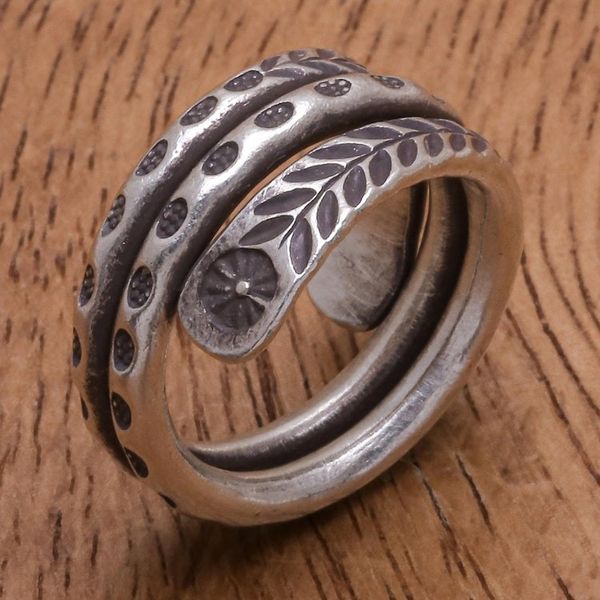 Alternate image for Hand Made Sterling Silver Leaf and Floral Band Ring Coiling Leaves