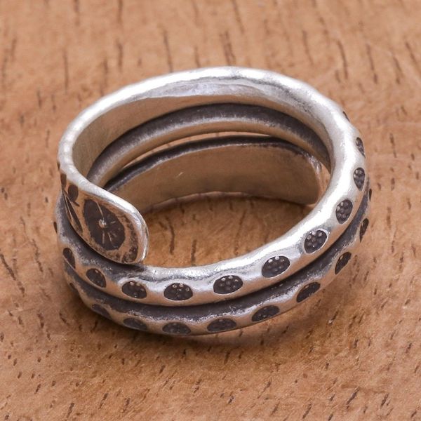 Alternate image for Hand Made Sterling Silver Leaf and Floral Band Ring Coiling Leaves