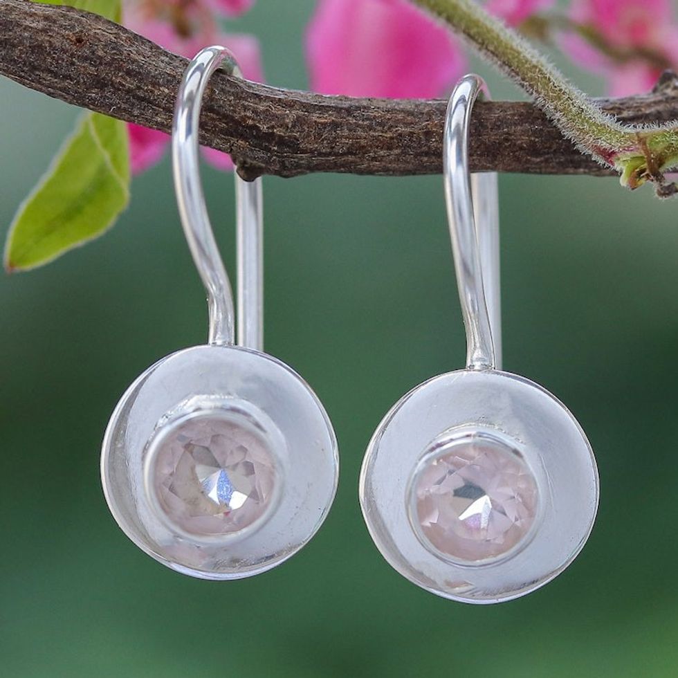 Thai Rose Quartz and Sterling Silver Drop Earrings 'Light at Night in Pink'