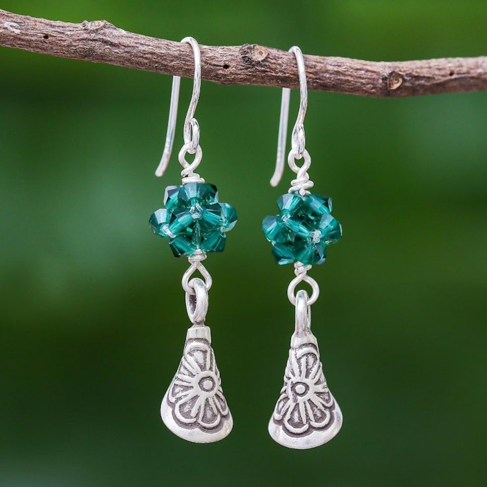 Emerald Green Beaded 950 Silver Earrings 'Karen Sparkle in Emerald'