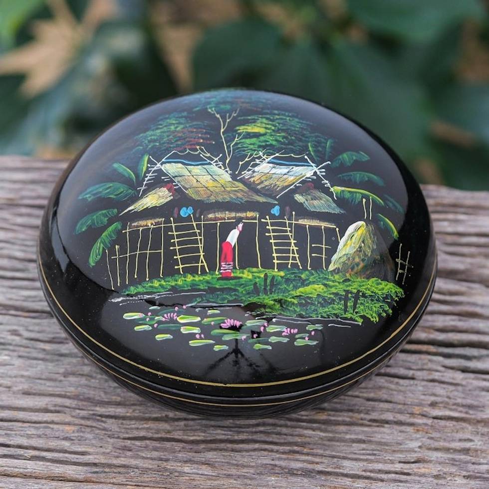 Hand-Painted Lacquerware Wood Box 'Village Life'