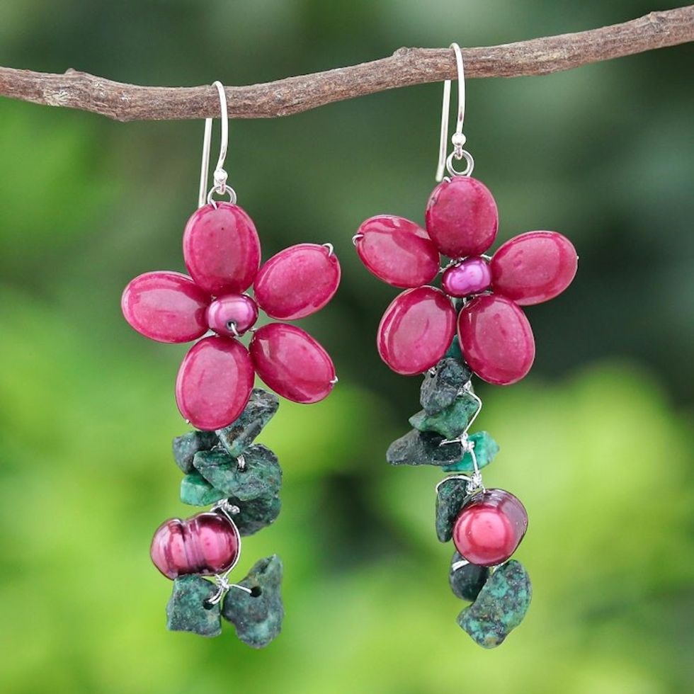Serpentine and Cultured Pearl Floral Earrings 'Petal Passion in Fuchsia'