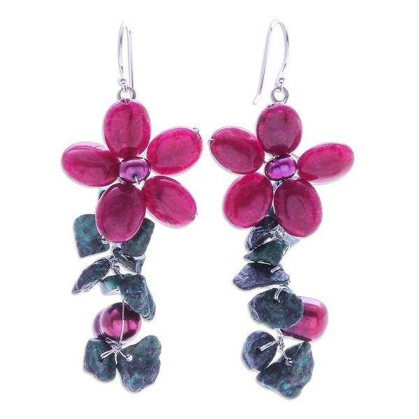 Alternate image for Serpentine and Cultured Pearl Floral Earrings Petal Passion in Fuchsia