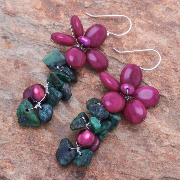 Alternate image for Serpentine and Cultured Pearl Floral Earrings Petal Passion in Fuchsia