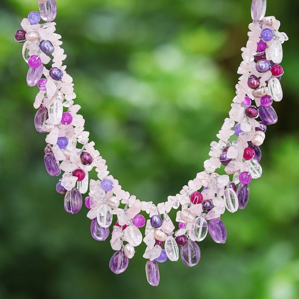 Rose Quartz and Cultured Pearl Pendant Necklace 'Girl's Life'