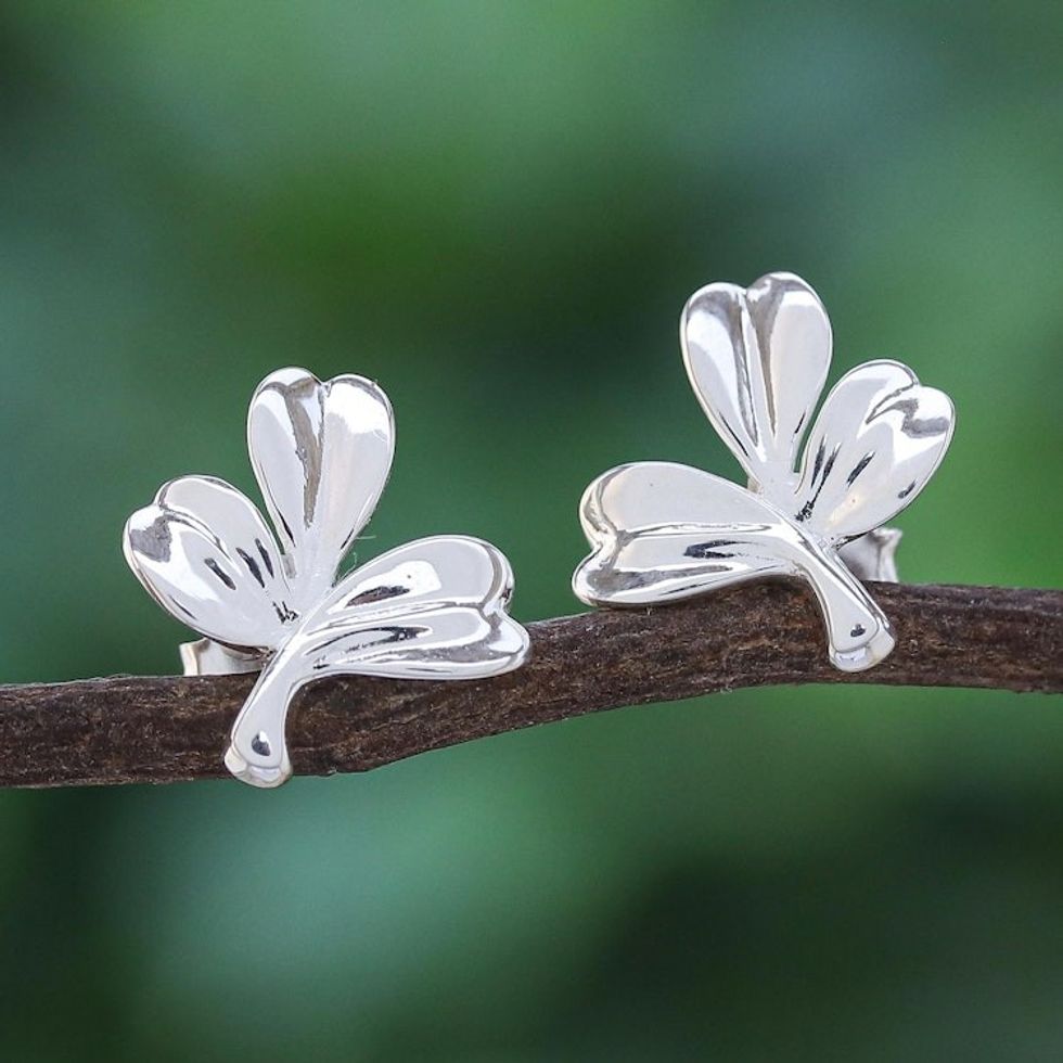 Thai Sterling Silver Button Earrings with Leaf Motif 'Planted'