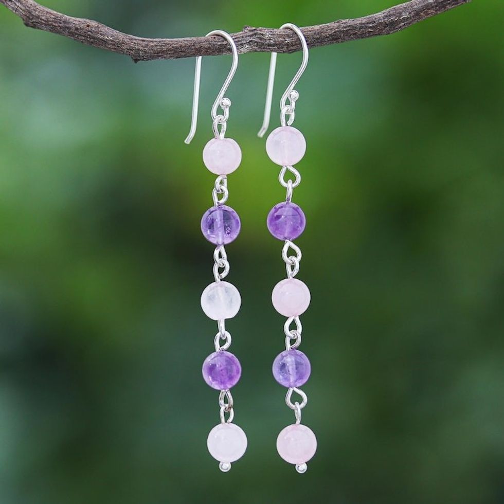 Rose Quartz and Amethyst Dangle Earrings 'Exploding Star'