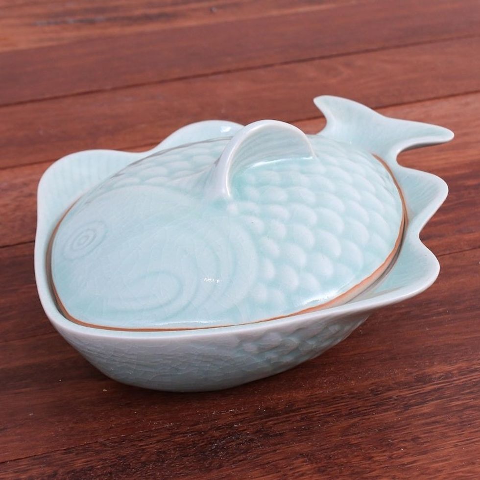 Aqua Celadon Ceramic Fish-Shaped Lidded Bowl 'Fish Dish in Aqua'