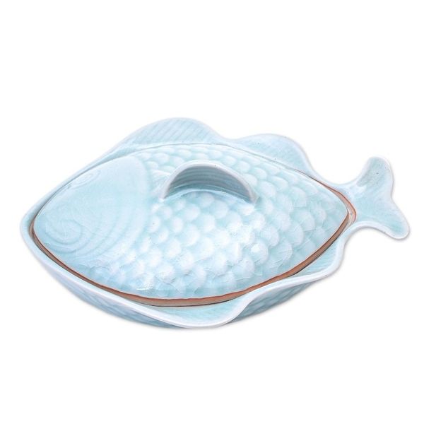 Alternate image for Aqua Celadon Ceramic Fish-Shaped Lidded Bowl Fish Dish in Aqua