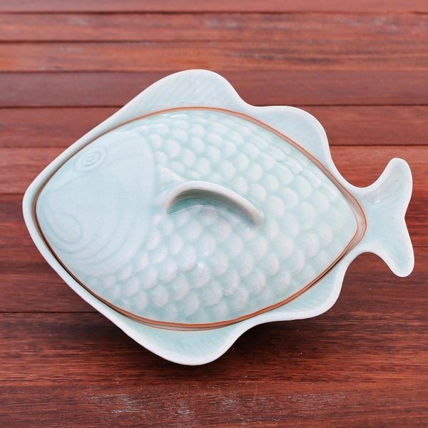 Alternate image for Aqua Celadon Ceramic Fish-Shaped Lidded Bowl Fish Dish in Aqua