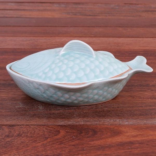 Alternate image for Aqua Celadon Ceramic Fish-Shaped Lidded Bowl Fish Dish in Aqua