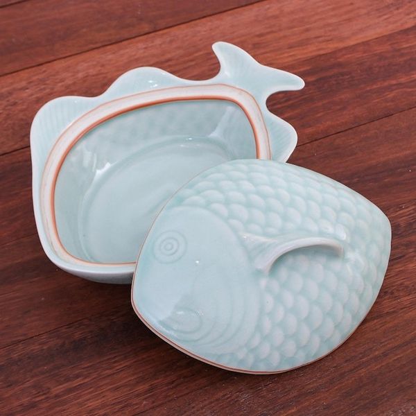 Alternate image for Aqua Celadon Ceramic Fish-Shaped Lidded Bowl Fish Dish in Aqua