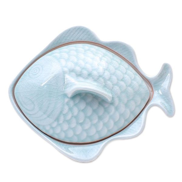 Alternate image for Aqua Celadon Ceramic Fish-Shaped Lidded Bowl Fish Dish in Aqua