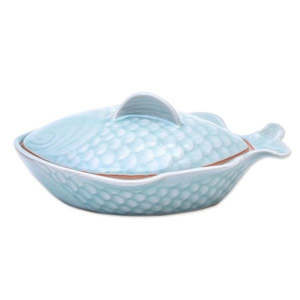 Alternate image for Aqua Celadon Ceramic Fish-Shaped Lidded Bowl Fish Dish in Aqua