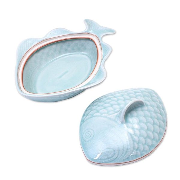 Alternate image for Aqua Celadon Ceramic Fish-Shaped Lidded Bowl Fish Dish in Aqua