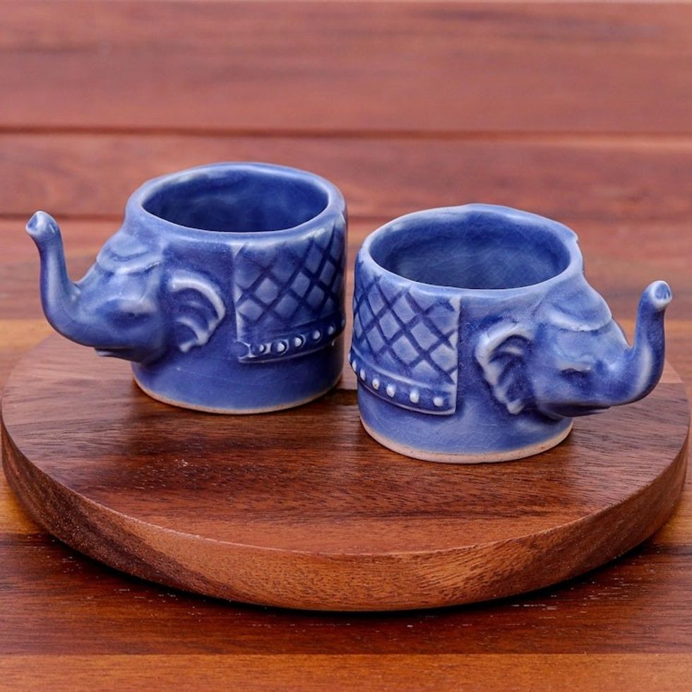 Small Elephant Shaped Blue Celadon Teacups Pair 'Elephant Essence in Blue'