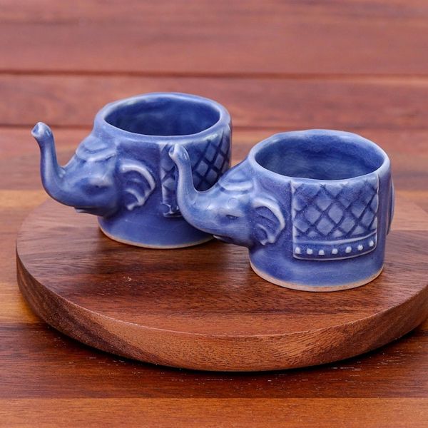 Alternate image for Small Elephant Shaped Blue Celadon Teacups Pair Elephant Essence in Blue