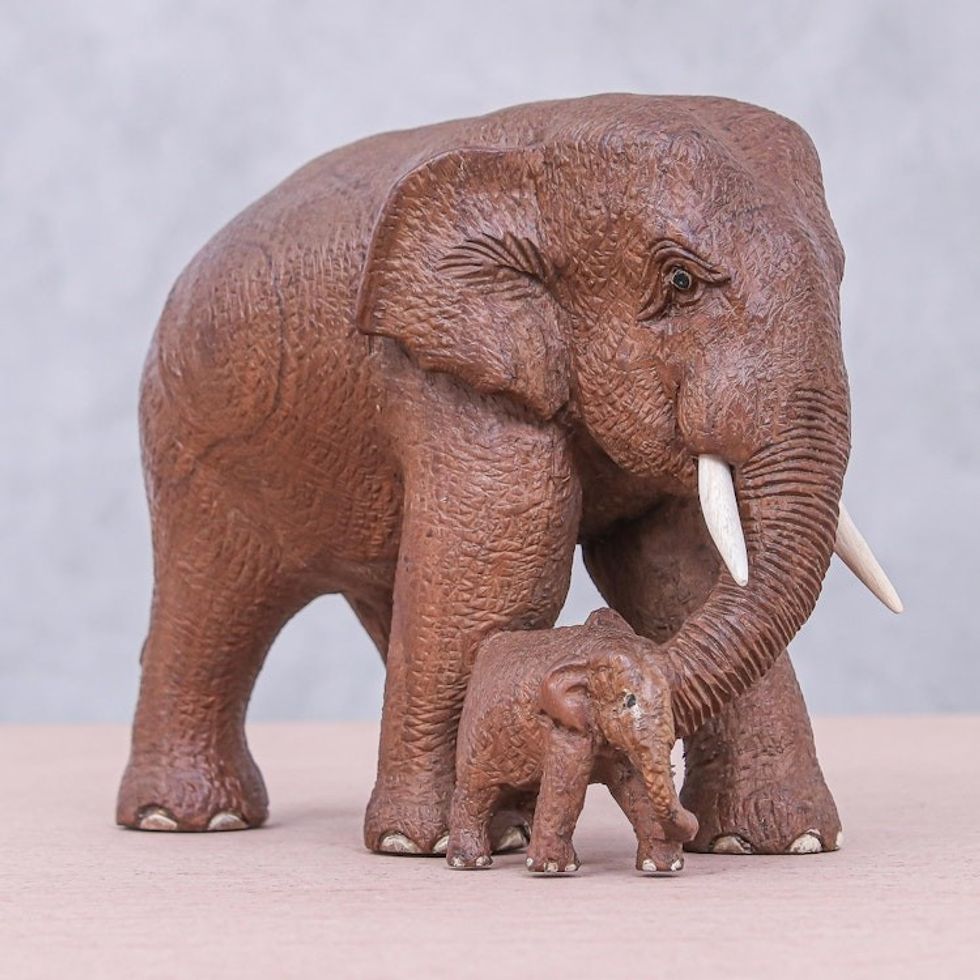 Father and Baby Elephant Teak Wood Statuette 'Father and Baby'