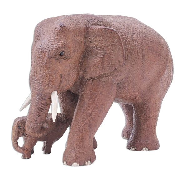 Alternate image for Father and Baby Elephant Teak Wood Statuette Father and Baby