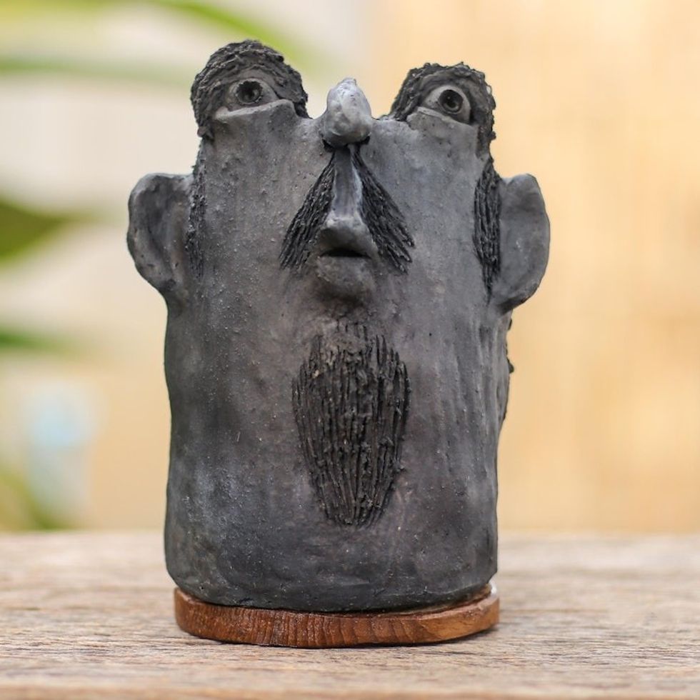 Ceramic and Teak Wood Statuette 'Good Man'