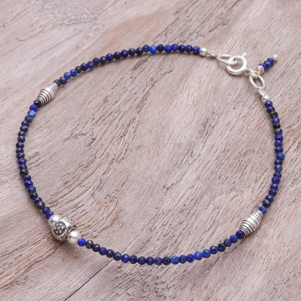Handmade Lapis Lazuli and Silver Beaded Bracelet 'Good Vibrations in Blue'