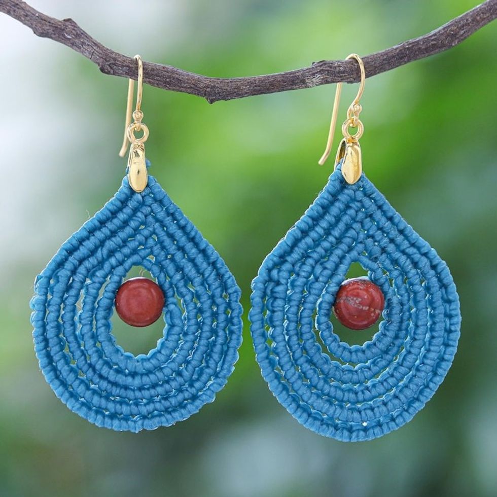 Jasper and Blue Macrame Dangle Earrings with Gold Hooks 'Water is Life'