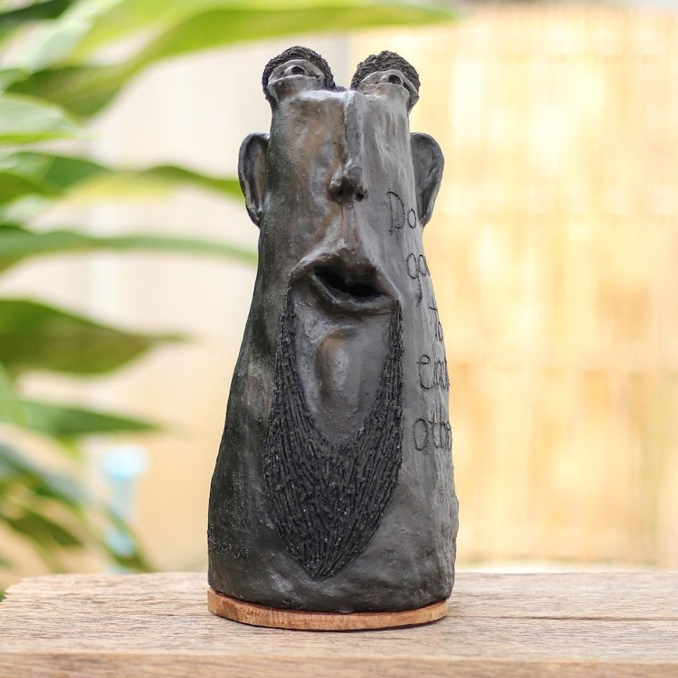 Handmade Ceramic and Teak Wood Statuette 'Brave Man'